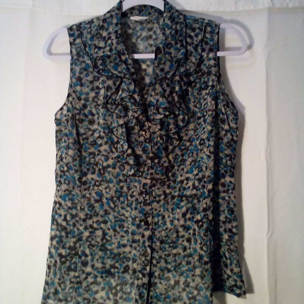Tahari Blouse Women PS Petite S Sleeveless Sheer Ruffle Button Up Print